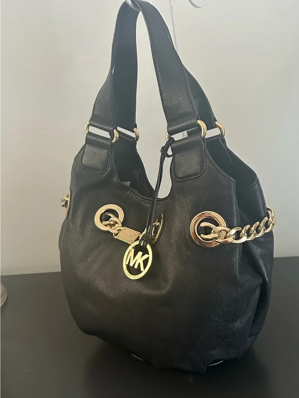 Michael Kors Black Pebbled Leather Gold Chain Grommet Hobo Shoulder Bag